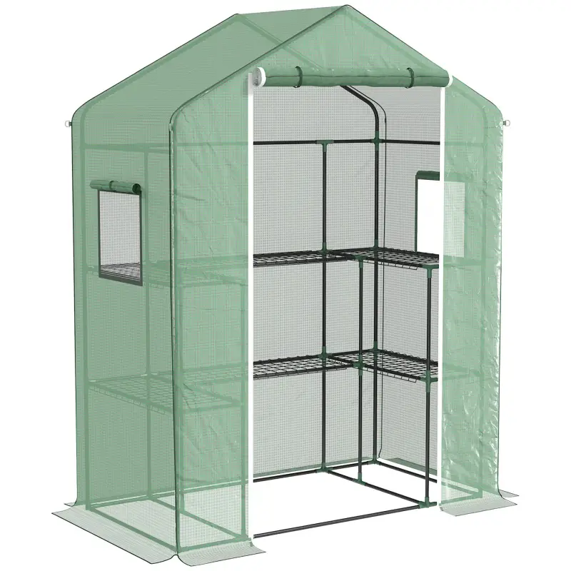 Invernadero con 1 Puerta 2 Ventanas y Estantes de 2 Niveles en Forma de U para Cultivo de Plantas 140x73x190 cm Verde