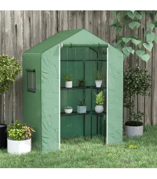 Invernadero con 1 Puerta 2 Ventanas y Estantes de 2 Niveles en Forma de U para Cultivo de Plantas 140x73x190 cm Verde