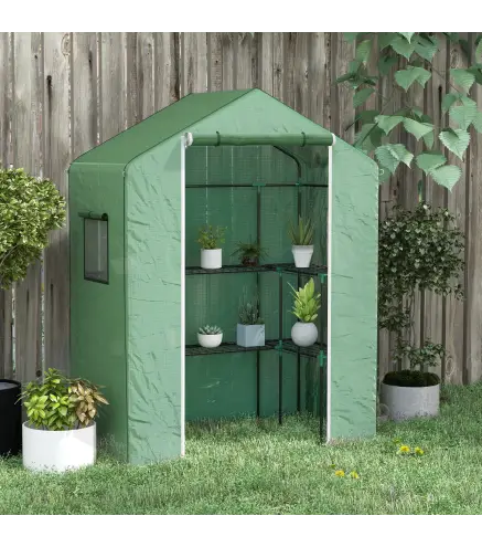 Invernadero con 1 Puerta 2 Ventanas y Estantes de 2 Niveles en Forma de U para Cultivo de Plantas 140x73x190 cm Verde