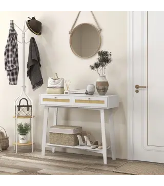 Consola Recibidor Mesa de Entrada con 2 Cajones de Diseño de Ratán y Estante Abierto para Pasillo 100x30x81 cm Blanco