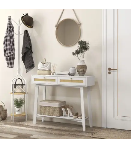 Consola Recibidor Mesa de Entrada con 2 Cajones de Diseño de Ratán y Estante Abierto para Pasillo 100x30x81 cm Blanco