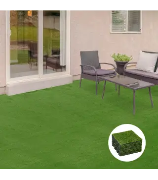 Césped Sintético de 10 Piezas 30x30 cm con Altura de Hierba 25 mm Anti-UV Alfombra Césped Artificial Verde Oscuro