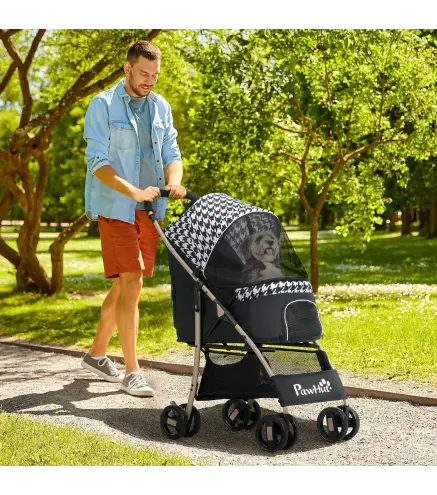 Carrito para Mascotas con 2 Puertas Ventana de Malla Cesta de Almacenamiento Cuerda de Seguridad 80x44,5x97 cm Negro