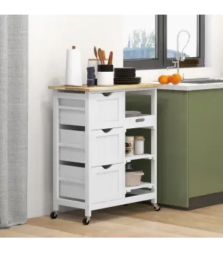 Carrito Auxiliar con Ruedas Carrito de Cocina con 3 Cajones 2 Estantes Abiertos y Bandeja Extraíble 67x37x85,5 cm Blanco