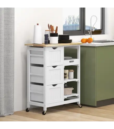 Carrito Auxiliar con Ruedas Carrito de Cocina con 3 Cajones 2 Estantes Abiertos y Bandeja Extraíble 67x37x85,5 cm Blanco