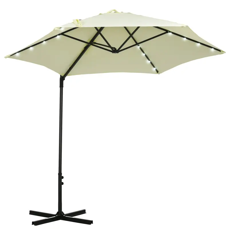 Parasol de Terraza Manual Ø256x248 cm con Luces LED Solares Poste Giratorio 360° y Ventilación Superior Beige