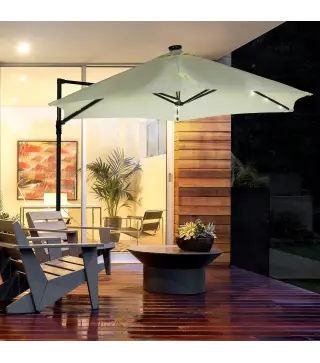 Parasol de Terraza Manual Ø256x248 cm con Luces LED Solares Poste Giratorio 360° y Ventilación Superior Beige