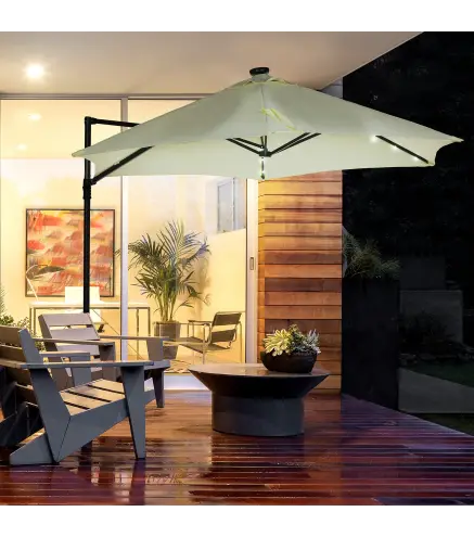 Parasol de Terraza Manual Ø256x248 cm con Luces LED Solares Poste Giratorio 360° y Ventilación Superior Beige