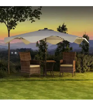 Sombrilla de Jardín Manual Ø292x254 cm con 32 Luces LED Solares 8 Varillas Impermeable y Rejillas de Ventilación Crema