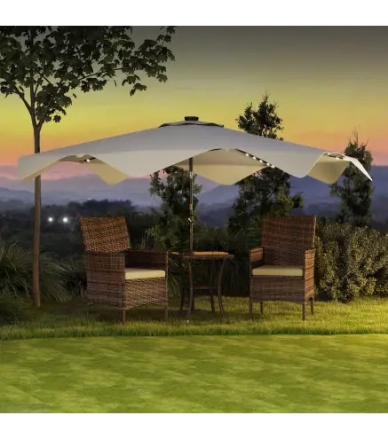 Sombrilla de Jardín Manual Ø292x248 cm con 32 Luces LED Solares 8 Varillas Impermeable y Rejillas de Ventilación Crema