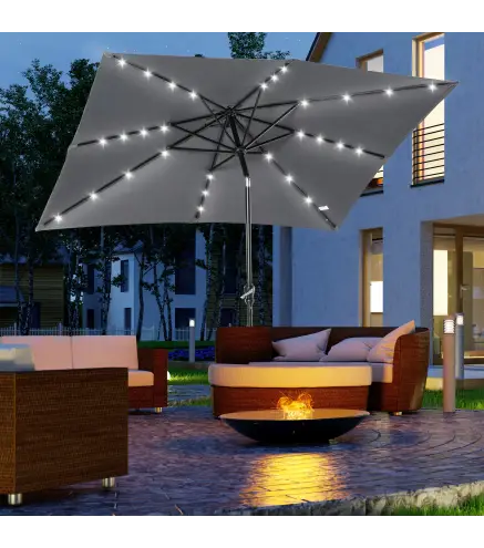 Parasol de Terraza 268x205x248 cm con Techo Inclinable hasta 45° Luces LED Solares e Impermeable Gris Oscuro