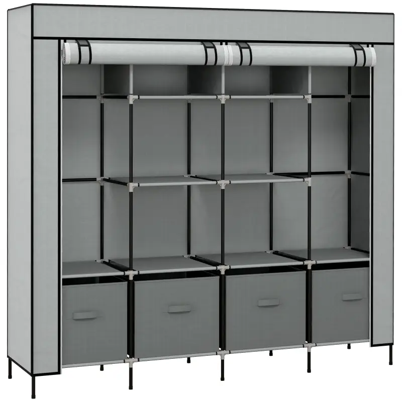 Armario Ropero de Tela Armario Portátil con 10 Compartimentos 2 Rieles Colgantes y 4 Cajones 166x42,5x169,5 cm Gris Armario Ropero de Tela Armario Portátil con 10 Compartimentos 2 Rieles Colgantes y 4 Cajones 166x42,5x169,5 cm Gris