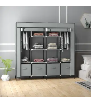 Armario Ropero de Tela Armario Portátil con 10 Compartimentos 2 Rieles Colgantes y 4 Cajones 166x42,5x169,5 cm Gris