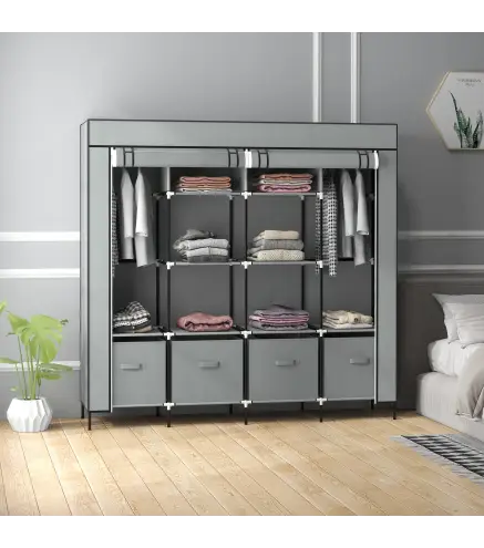 Armario Ropero de Tela Armario Portátil con 10 Compartimentos 2 Rieles Colgantes y 4 Cajones 166x42,5x169,5 cm Gris