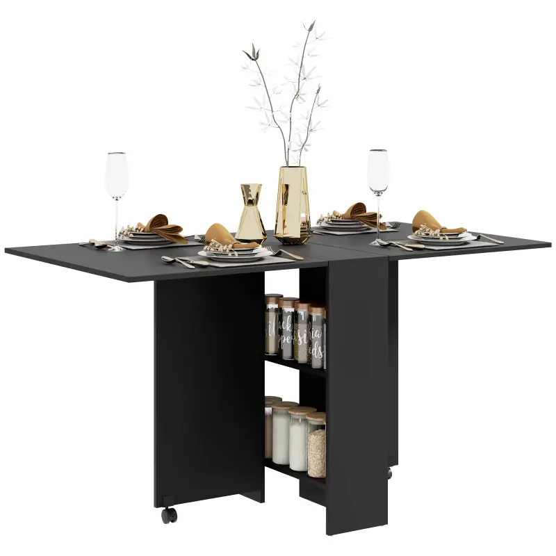 Mesa de Cocina Plegable con 2 Ruedas 2 Estantes de Almacenaje y 2 Alas Abatibles Estilo Moderno 75x140x74 cm Negro