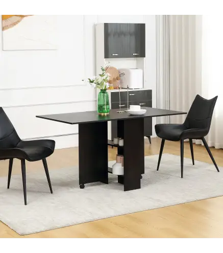Mesa de Cocina Plegable con 2 Ruedas 2 Estantes de Almacenaje y 2 Alas Abatibles Estilo Moderno 75x140x74 cm Negro