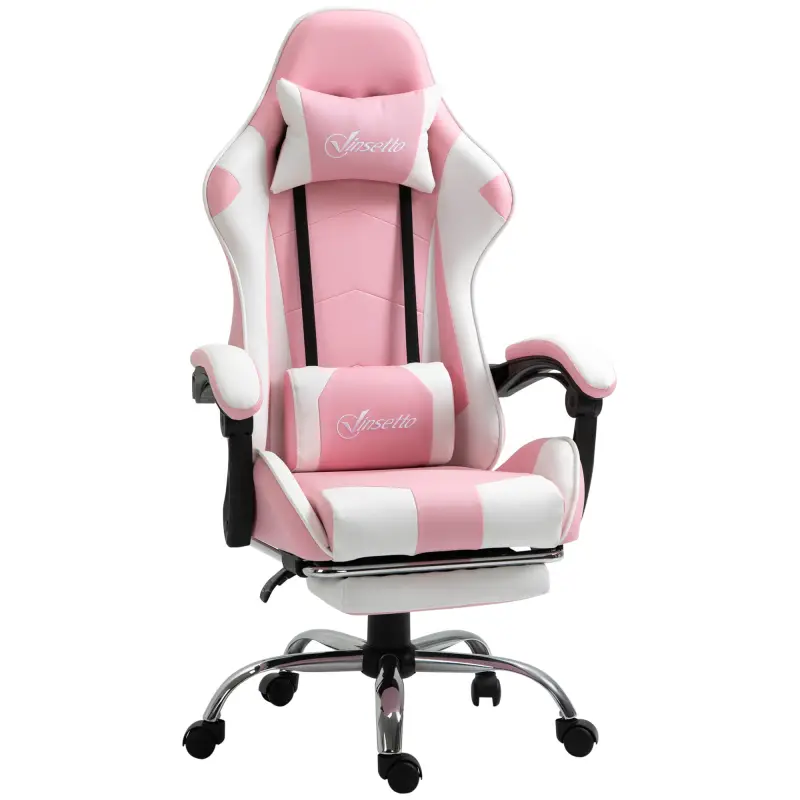 Silla Gamer Reclinable con Reposapiés Sillón Gaming con Reposacabezas Cojín Lumbar y Altura Ajustable 64x67x127 cm Rosa