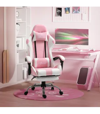 Silla Gamer Reclinable con Reposapiés Sillón Gaming con Reposacabezas Cojín Lumbar y Altura Ajustable 64x67x127 cm Rosa
