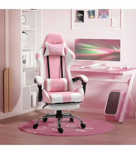 Silla Gamer Reclinable con Reposapiés Sillón Gaming con Reposacabezas Cojín Lumbar y Altura Ajustable 64x67x127 cm Rosa