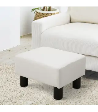Reposapiés para Sofá Taburete Pequeño Tapizado en Piel Sintética Asiento de Espuma y Patas de Plástico 40x30x24cm Blanco