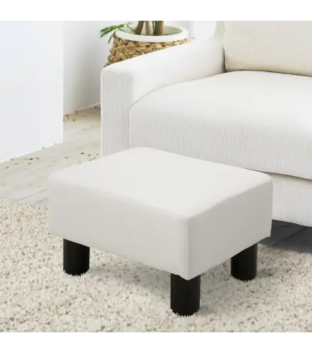 Reposapiés para Sofá Taburete Pequeño Tapizado en Piel Sintética Asiento de Espuma y Patas de Plástico 40x30x24cm Blanco