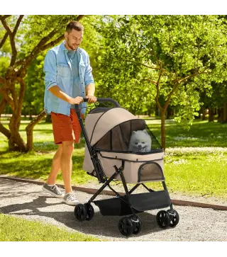 Carrito para Perros con Mango Reversible Cesta de Almacenamiento y Cuerda de Seguridad 76,5x52x95cm Marrón