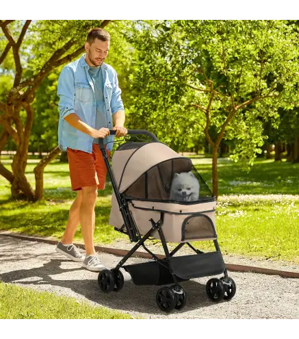 Carrito para Perros con Mango Reversible Cesta de Almacenamiento y Cuerda de Seguridad 76,5x52x95cm Marrón