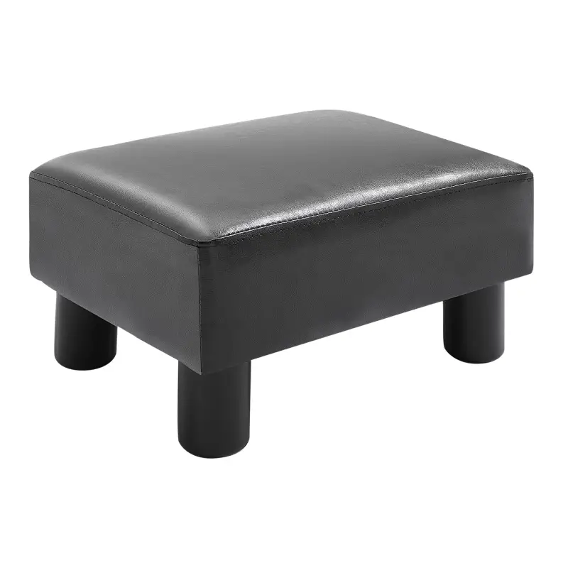 Reposapiés para Sofá Taburete Pequeño Tapizado en Piel Sintética Asiento de Espuma y Patas de Plástico 40x30x24 cm Negro