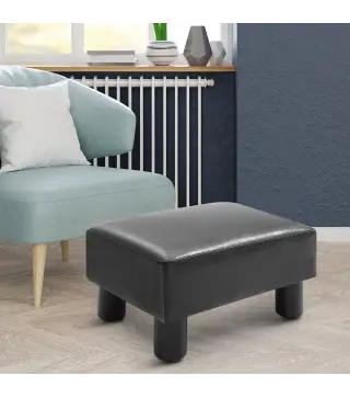 Reposapiés para Sofá Taburete Pequeño Tapizado en Piel Sintética Asiento de Espuma y Patas de Plástico 40x30x24 cm Negro
