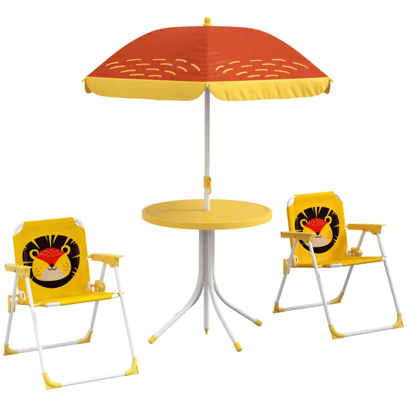 Set de 2 Sillas Plegables y Mesa para Niños Mesa con Sombrilla Ajustable en Altura Temática de León para Jardín Amarillo