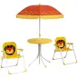 Set de 2 Sillas Plegables y Mesa para Niños Mesa con Sombrilla Ajustable en Altura Temática de León para Jardín Amarillo