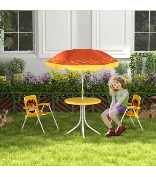 Set de 2 Sillas Plegables y Mesa para Niños Mesa con Sombrilla Ajustable en Altura Temática de León para Jardín Amarillo