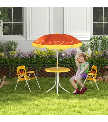 Set de 2 Sillas Plegables y Mesa para Niños Mesa con Sombrilla Ajustable en Altura Temática de León para Jardín Amarillo