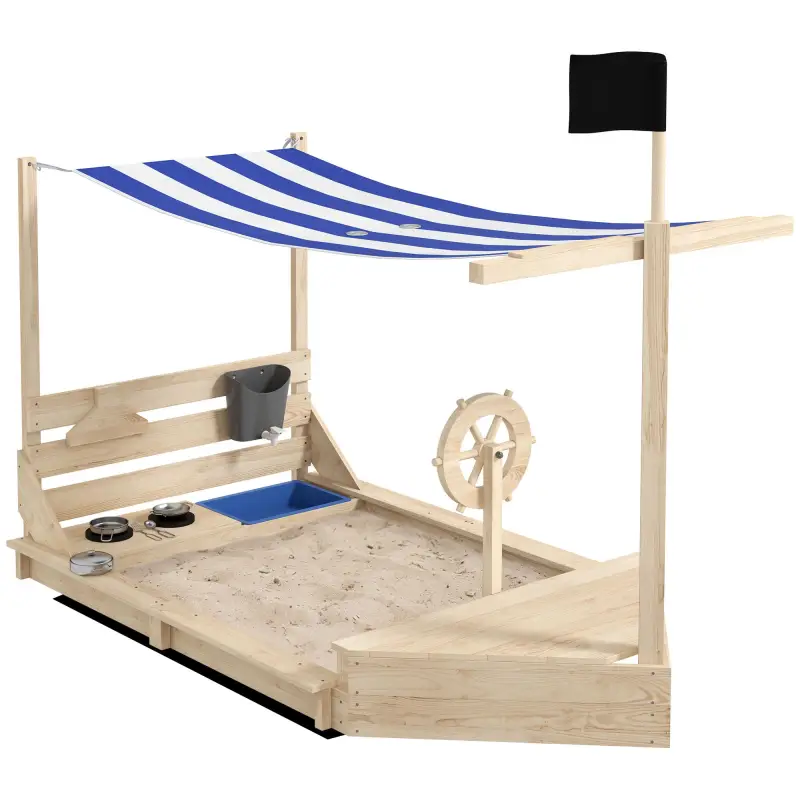 Arenero Infantil con Toldo Volante Juguetes de Cocina y Forma de Barco Pirata para Patio Jardín 180x103x144,5 cm Natural
