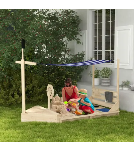 Arenero Infantil con Toldo Volante Juguetes de Cocina y Forma de Barco Pirata para Patio Jardín 180x103x144,5 cm Natural