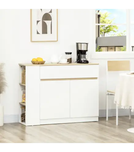 Aparador Armario de Cocina con 2 Puertas Cajón y 3 Estantes Abiertos para Salón Comedor 110x29,5x82 cm Blanco
