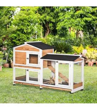 Conejera Exterior 157,4x53x99,5cm Jaula para Conejos Grande con Ruedas Techo Asfáltico Bandejas Extraíbles Rampa Natural