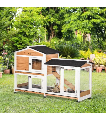 Conejera Exterior 157,4x53x99,5cm Jaula para Conejos Grande con Ruedas Techo Asfáltico Bandejas Extraíbles Rampa Natural