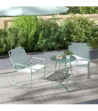 Conjunto de Muebles de Jardín de 3 Piezas con Marco de Acero Reposabrazos y Almohadillas Ajustables para los Pies Verde