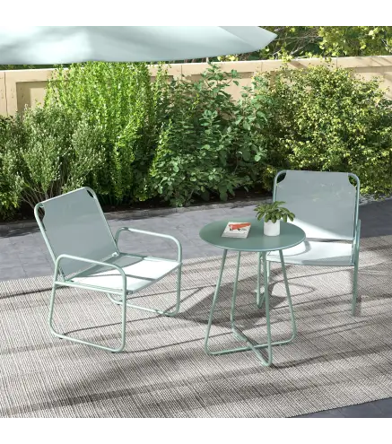 Conjunto de Muebles de Jardín de 3 Piezas con Marco de Acero Reposabrazos y Almohadillas Ajustables para los Pies Verde