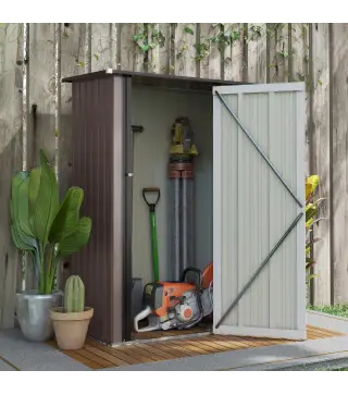 Cobertizo Exterior 1,07m² 142x84x189 cm con Puerta y Orificios de Drenaje para Almacenamiento de Herramientas Marrón
