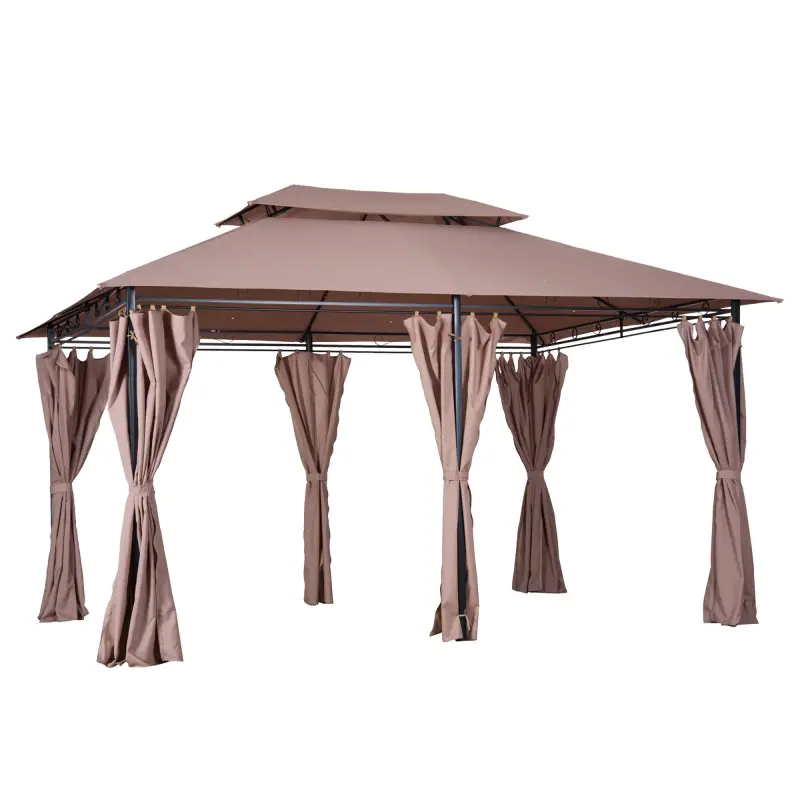 Gazebo de Exterior 3x4 m con Paredes Laterales Doble Techo 6 Puertas con Cremallera y 8 Orificios de Drenaje Caqui