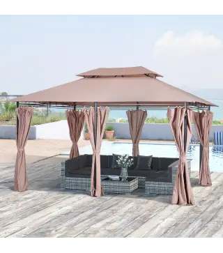 Gazebo de Exterior 3x4 m con Paredes Laterales Doble Techo 6 Puertas con Cremallera y 8 Orificios de Drenaje Caqui