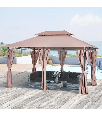 Gazebo de Exterior 3x4 m con Paredes Laterales Doble Techo 6 Puertas con Cremallera y 8 Orificios de Drenaje Caqui