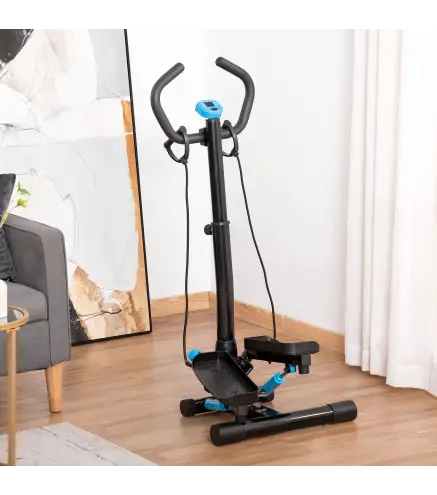 Stepper Fitness con Manillar Altura Ajustable Pantalla LCD Cintas y Pedales Antideslizantes 55x53x118-128 cm Negro