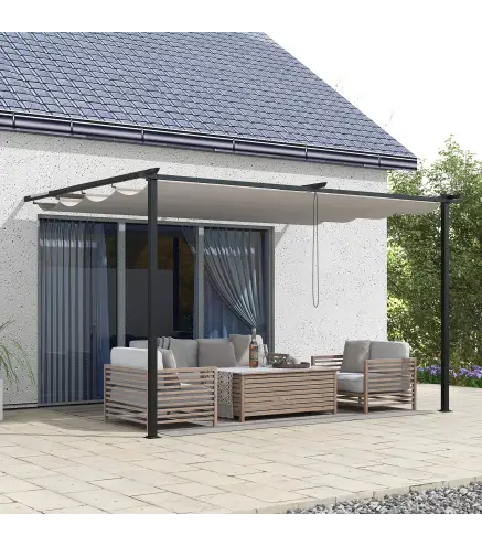 Pérgola de Pared para Exterior con Techo Retráctil para Patio Terraza Jardín 390x290x220 cm Crema