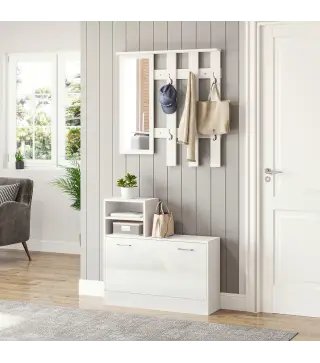 Recibidor con Espejo Perchero y Zapatero Muebles de Entrada con 6 Ganchos y Estantes para 8 Pares de Zapatos Blanco