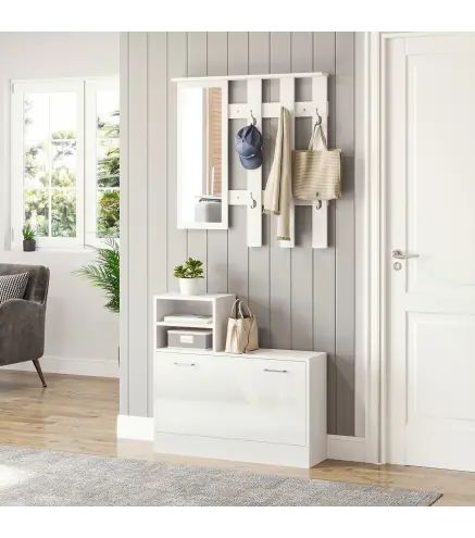 Recibidor con Espejo Perchero y Zapatero Muebles de Entrada con 6 Ganchos y Estantes para 8 Pares de Zapatos Blanco