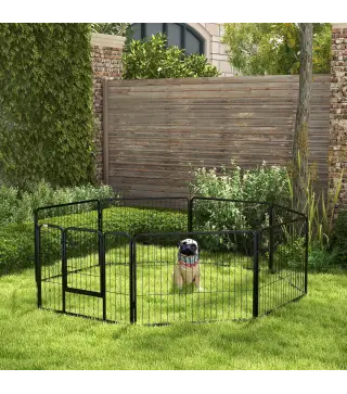 Corralito para Perros de 8 Paneles 80x60 cm con Forma Personalizable Puerta Marco de Acero y 8 Anclajes de Tierra Negro