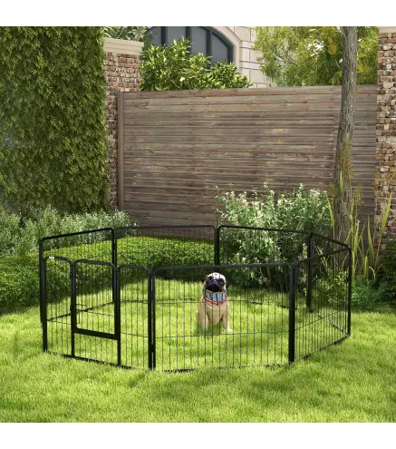 Corralito para Perros de 8 Paneles 80x60 cm con Forma Personalizable Puerta Marco de Acero y 8 Anclajes de Tierra Negro
